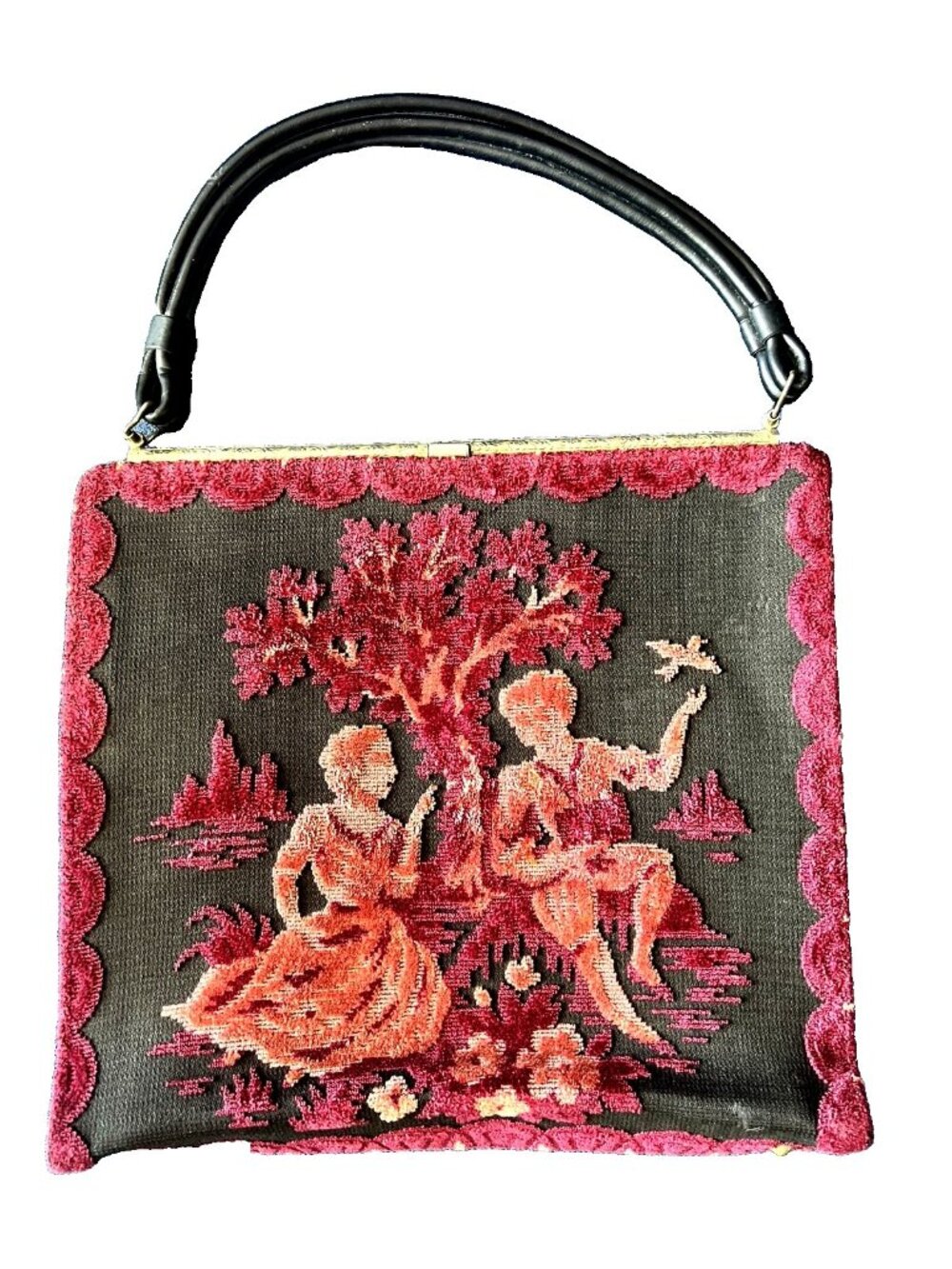 1940’s Tapestry Handbag Needlepoint Brocade Purse COURTING Couple Pink Burgundy